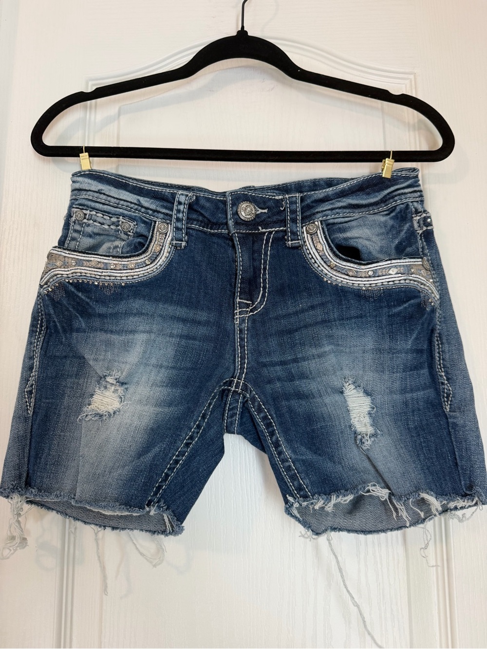 Grace Dark Blue Distressed Embellished Denim Shorts